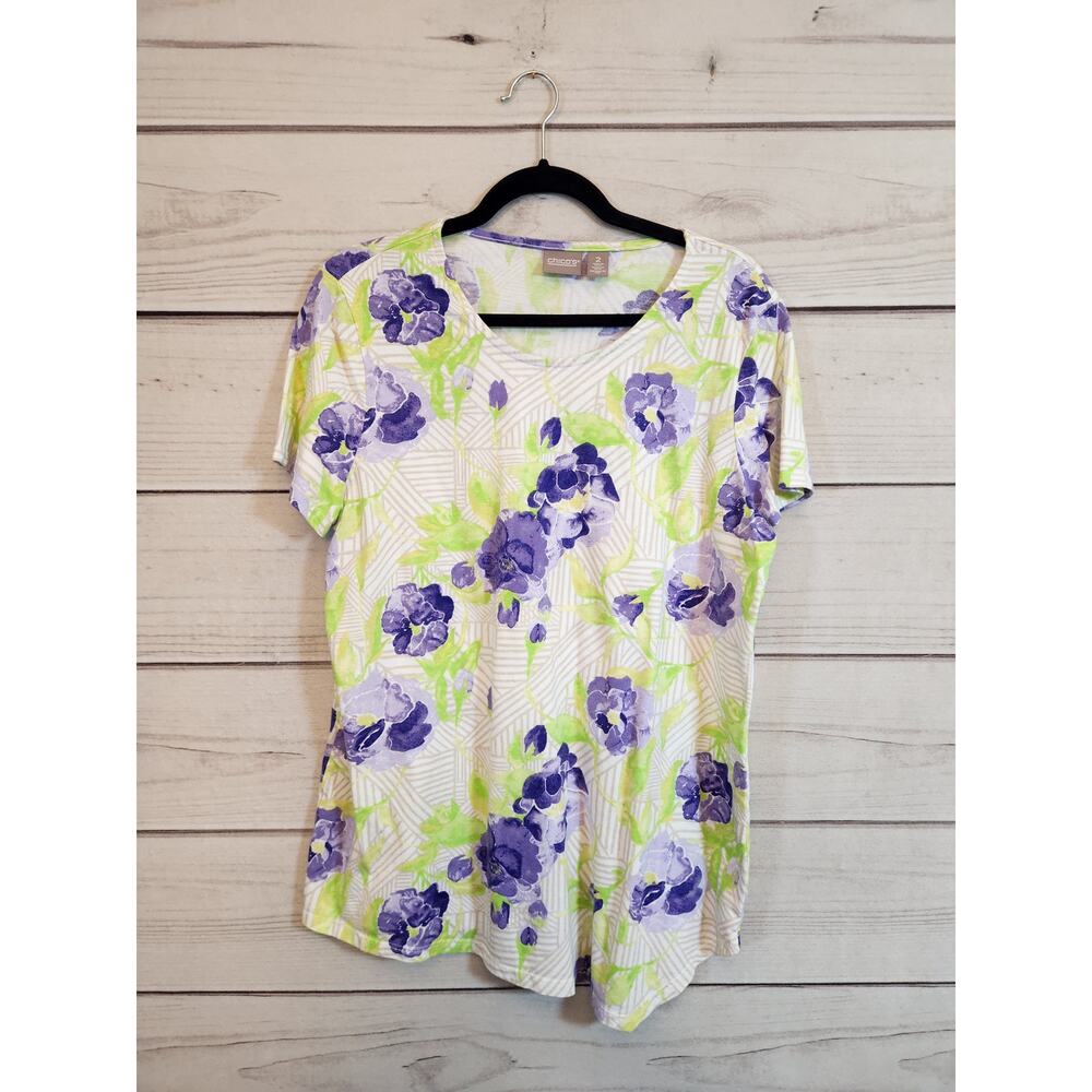 Chico's Women's Multicolor Floral Print Round Neck Short‎ Sleeve T-Shirt Size L